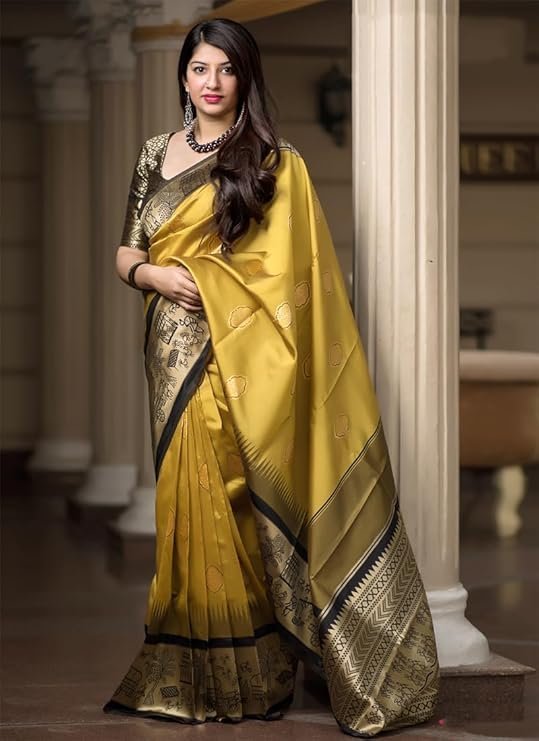 Monjolika Fashion Women's Traditional Banarasi Silk Saree With Embellished Design Comes With Unstitched Blouse Piece