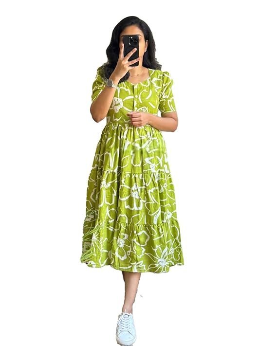 ROYALICA Women's Pure Cotton Maxi Midi Dress Western Dress for Women Elegant Floral Printed Long Dresses | Soft & Breathable Fabric | Casual Trending Dress for Women Pista