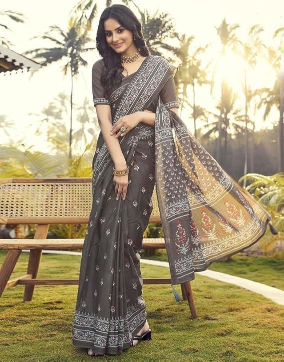 SIRIL Women's Cotton Printed Ready To Wear Saree With Unstitched Blouse Piece Grey - Image 3
