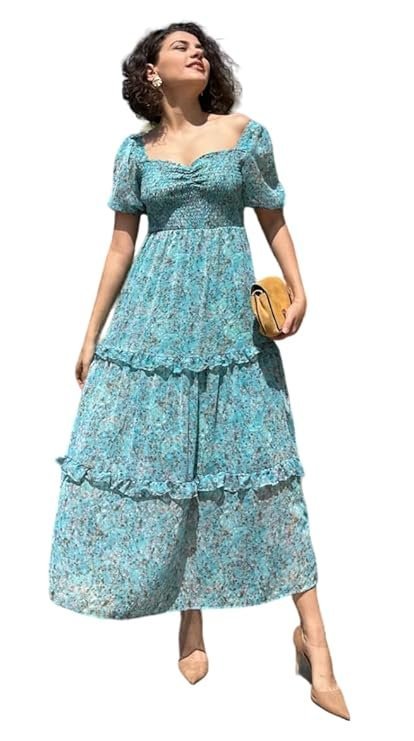 Sheetal Associates Women's Floral Puff Sleeve High Waist A Line Flowy Long Dress Light Blue