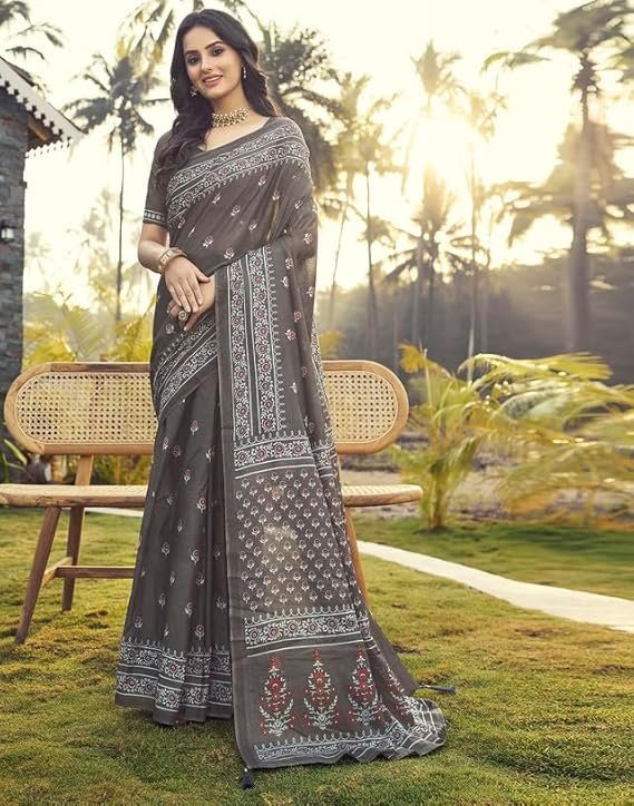 SIRIL Women's Cotton Printed Ready To Wear Saree With Unstitched Blouse Piece Grey - Image 2