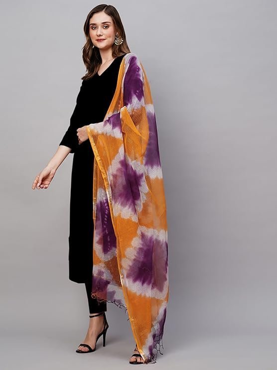 ANNI Designer Women's Rayon Viscose Straight Solid Kurta with Pant & Dupatta Black & Orange - Image 3