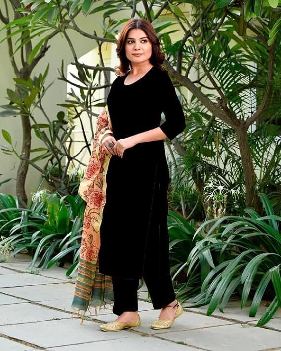 ANNI Designer Women's Rayon Viscose Straight Solid Kurta with Pant & Dupatta Black & Green - Image 2
