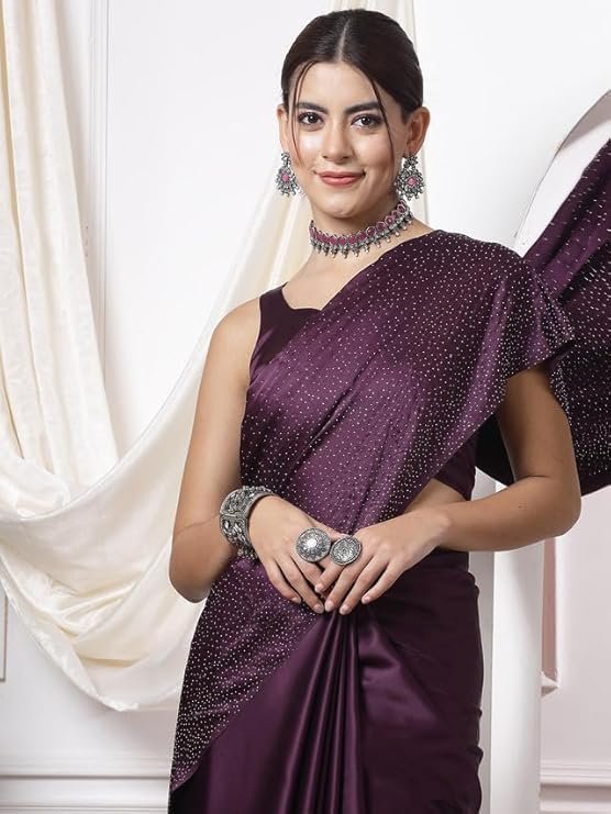 Satrani Women's Satin Silk Hot Fixing Saree with Unstitched Blouse Piece Wine - Image 4