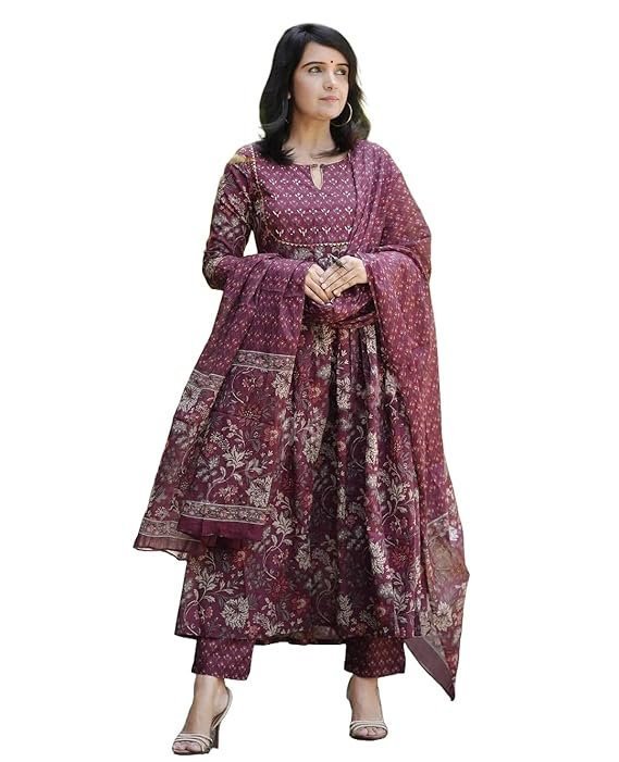 Alvami Women Anarkali Kurta and Pant Set With Dupatta Maroon