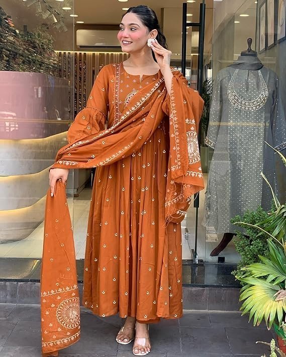 KLOSIA Women Rayon Printed Anarkali Kurta Set with Dupatta Rust - Image 2