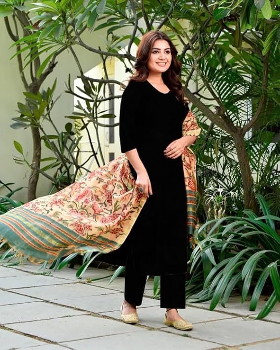 ANNI Designer Women's Rayon Viscose Straight Solid Kurta with Pant & Dupatta Black & Green - Image 3