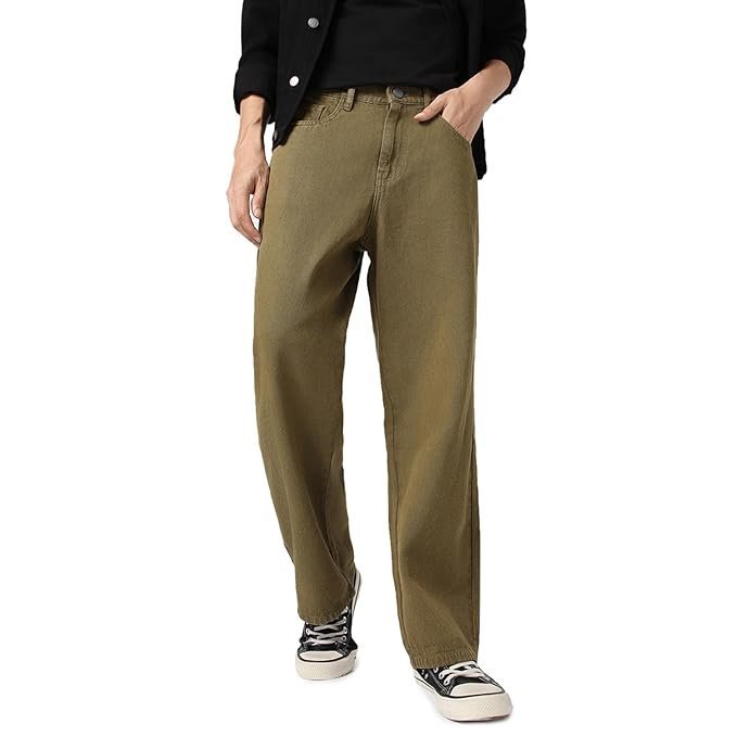 Urbano Fashion Men's Loose Mid Rise Baggy Fit Washed Jeans Non-Stretchable Dark Olive