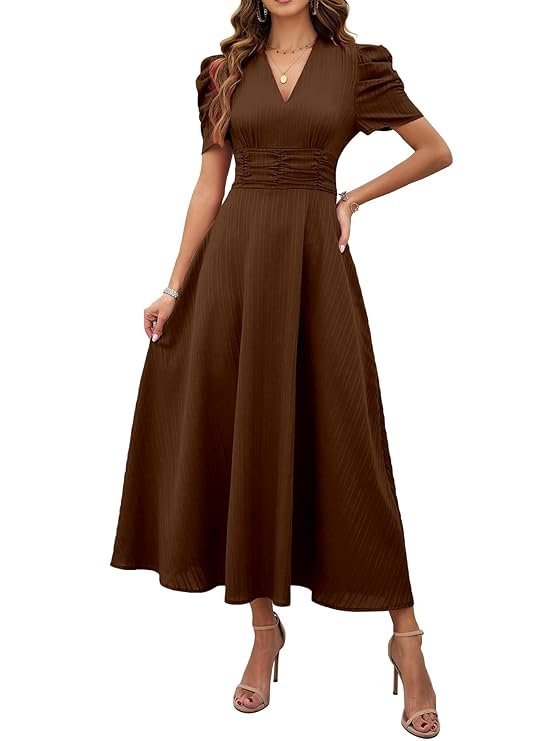 Shasmi Girl's & Women's Solid Color V-Neck A-Line Maxi Dress for Women | New Year Party Outfit | Waist Cinched Puff Sleeve Western Dress | Elegant Casual Wear (Dress 246) Brown
