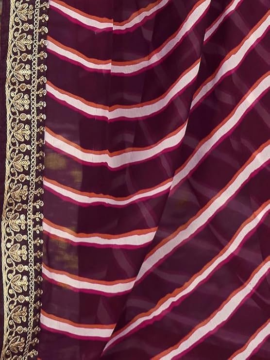 SIRIL Women's Bandhani Printed Embroidery Lace Georgette Saree with Unstitched Blouse Piece Wine - Image 3