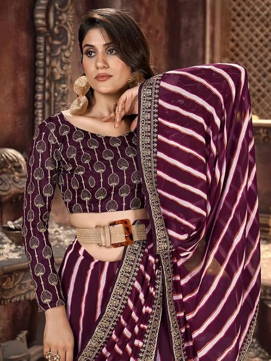 SIRIL Women's Bandhani Printed Embroidery Lace Georgette Saree with Unstitched Blouse Piece Wine - Image 2