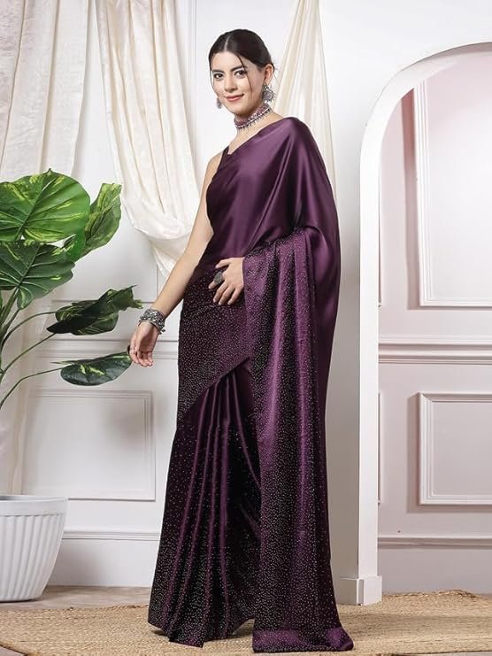 Satrani Women's Satin Silk Hot Fixing Saree with Unstitched Blouse Piece Wine