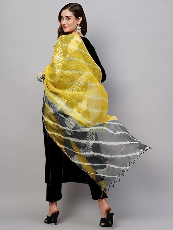 ANNI Designer Women's Rayon Viscose Straight Solid Kurta with Pant & Dupatta Black & Yellow