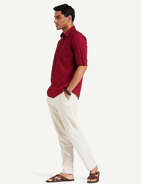 Men's Cotton Shirt | Casual | Plain | Full Sleeve | Summer - Regular Fit Maroon - Image 2