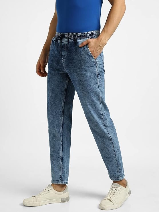 Urbano Fashion Men Mid Rise Regular Fit Washed Jogger Jeans Stretchable Light Blue - Image 2