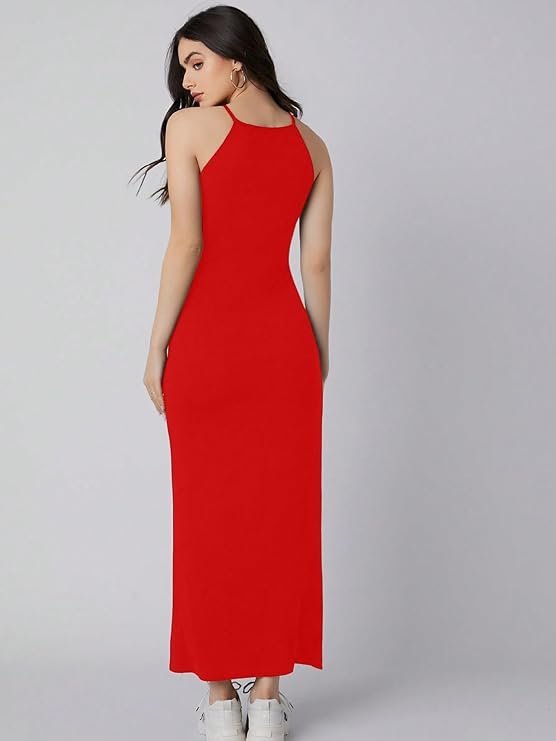 Aahwan Solid Halter Neck Solid Bodycon Midi Dress for Women's & Girl's Red - Image 2
