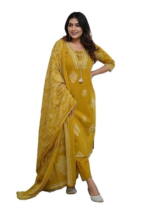 PARTHVI|Women's Pure Cotton Printed with Handwork Kurta with Pants and Dupatta Set | Ethnic Set | Suit Set | Kurta Set | Wedding Suit Set Yellow