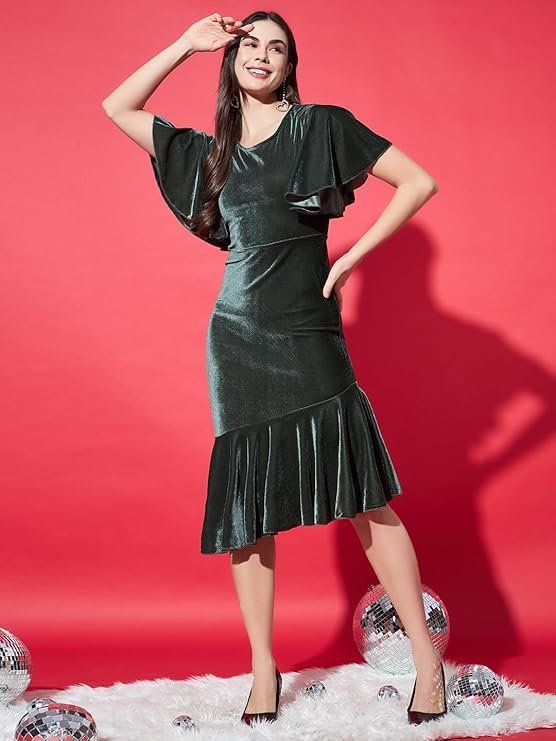 Vaararo Bodycon Party Dress for Women Ruffles Sleeves | Shiny Velvet Fabric Fish Cut Ruffle Bottom Detailing Stylish Casual Outfit Dark Olive Green