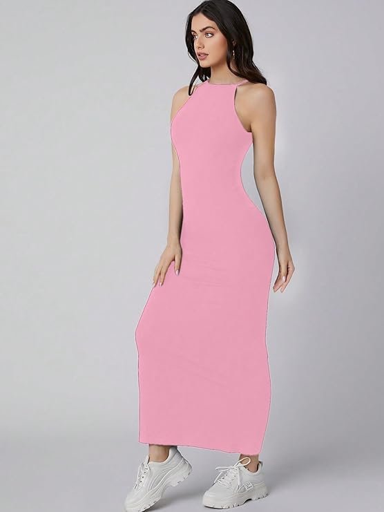 Aahwan Solid Halter Neck Solid Bodycon Midi Dress for Women's & Girl's Pink - Image 3