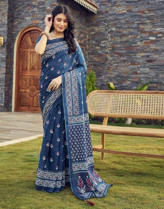 SIRIL Women's Cotton Printed Ready To Wear Saree With Unstitched Blouse Piece Teal Blue