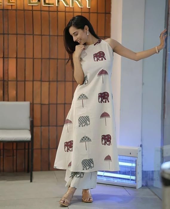 ANNI DESIGNER Women's Ethnic Co-Ord Set | Kurta Pant Set | Kurta Palazzo Set | Stylish Cotton Suit Set for Women, Festival Co-ord Set White - Image 3