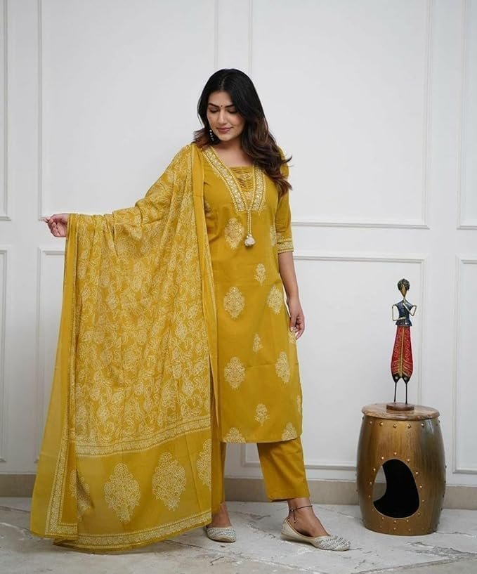 PARTHVI|Women's Pure Cotton Printed with Handwork Kurta with Pants and Dupatta Set | Ethnic Set | Suit Set | Kurta Set | Wedding Suit Set Yellow - Image 2