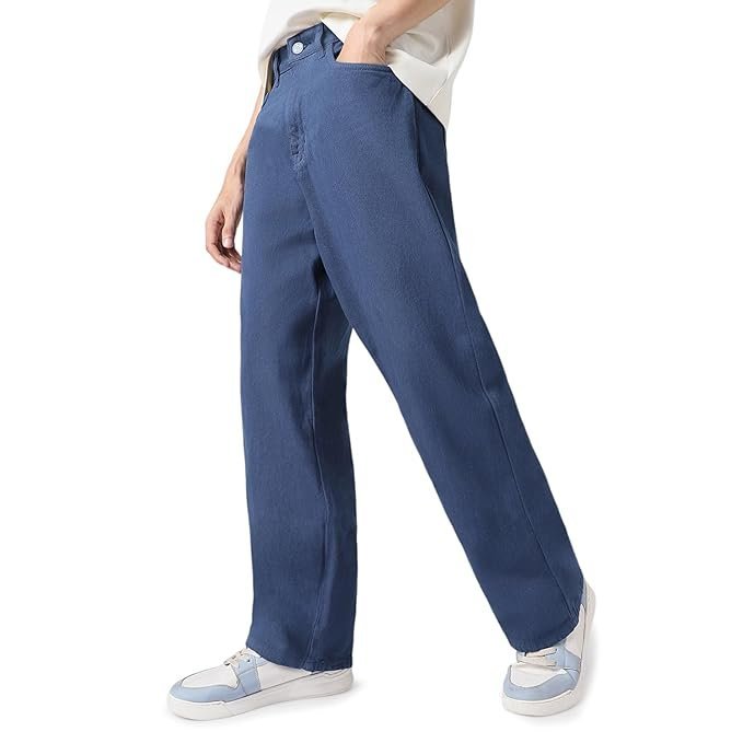 Urbano Fashion Men's Loose Mid Rise Baggy Fit Washed Jeans Non-Stretchable Navy Blue