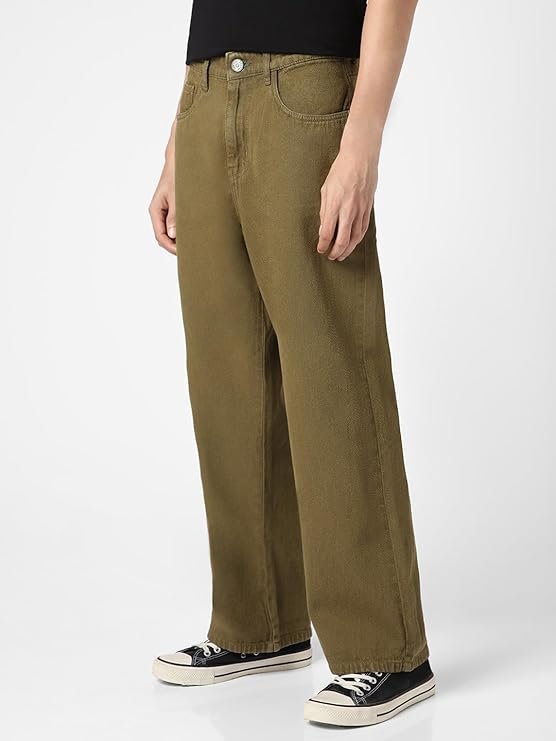 Urbano Fashion Men's Loose Mid Rise Baggy Fit Washed Jeans Non-Stretchable Dark Olive - Image 2