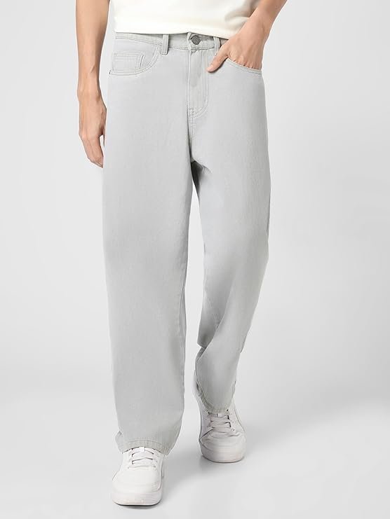 Urbano Fashion Men's Loose Mid Rise Baggy Fit Washed Jeans Non-Stretchable Ice White