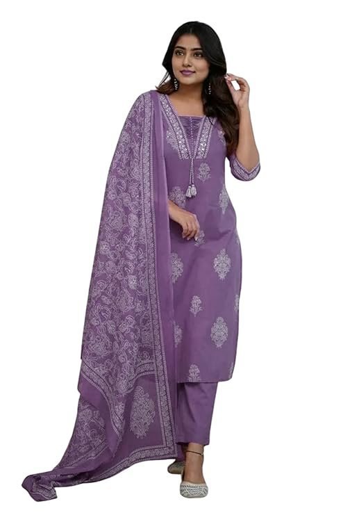 PARTHVI|Women's Pure Cotton Printed with Handwork Kurta with Pants and Dupatta Set | Ethnic Set | Suit Set | Kurta Set | Wedding Suit Set Purple