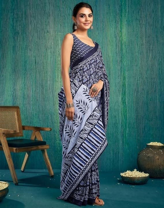 SIRIL Women's Cotton Printed Ready To Wear Saree With Unstitched Blouse Piece Dark Blue