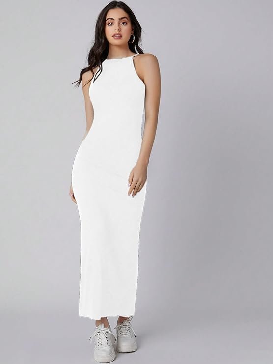 Aahwan Solid Halter Neck Solid Bodycon Midi Dress for Women's & Girl's White - Image 3