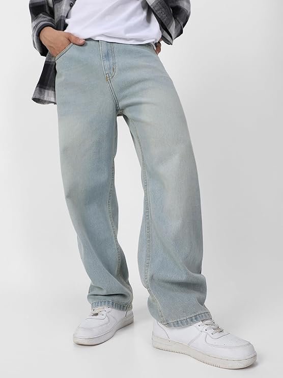 Urbano Fashion Men's Loose Mid Rise Baggy Fit Washed Jeans Non-Stretchable Ice Blue