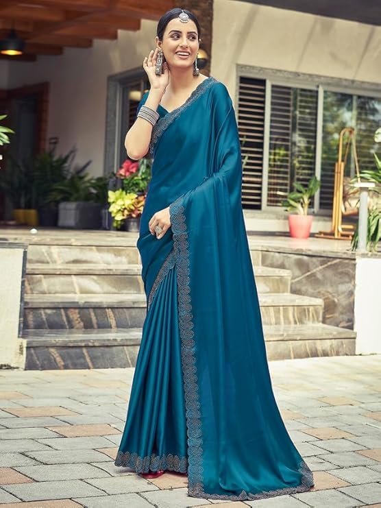 Satrani Women's Satin Silk Hot Fixing Saree with Unstitched Blouse Piece Teal - Image 3