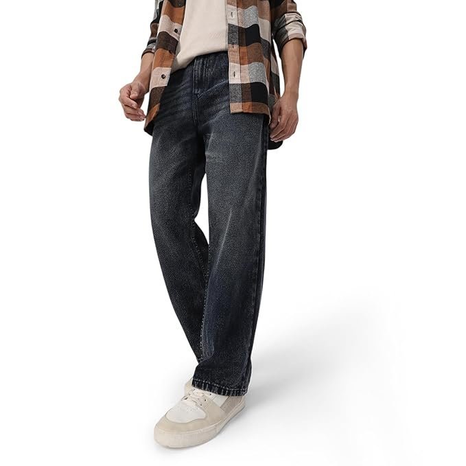 Urbano Fashion Men's Loose Mid Rise Baggy Fit Washed Jeans Non-Stretchable Black