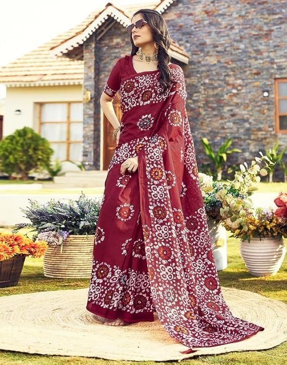SIRIL Women's Cotton Printed Ready To Wear Saree With Unstitched Blouse Piece Maroon