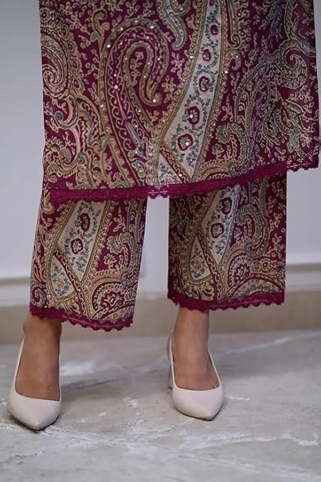 Nermosa Women Viscose Printed Straight Kurta Pant Set Maroon - Image 3
