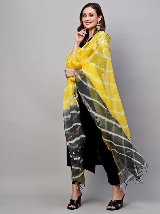 ANNI Designer Women's Rayon Viscose Straight Solid Kurta with Pant & Dupatta Black & Yellow - Image 2