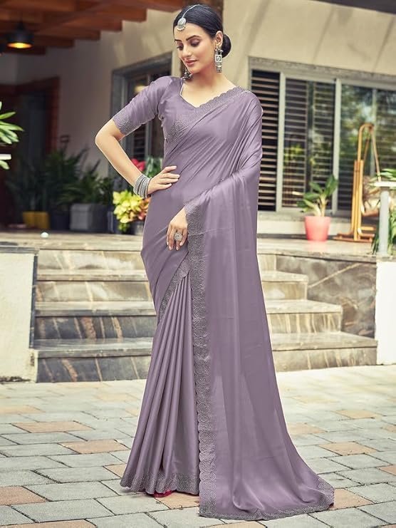 Satrani Women's Satin Silk Hot Fixing Saree with Unstitched Blouse Piece Light Purple