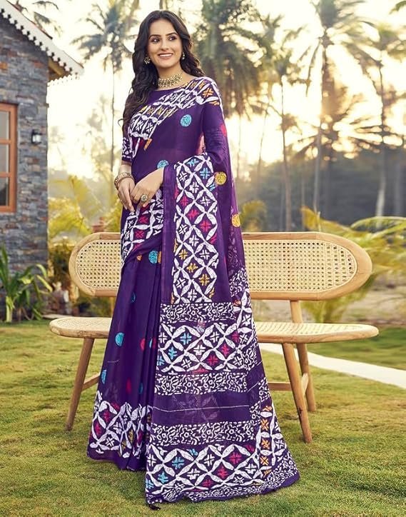 SIRIL Women's Cotton Printed Ready To Wear Saree With Unstitched Blouse Piece Purple