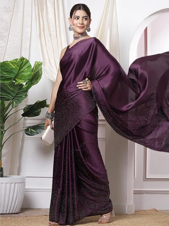 Satrani Women's Satin Silk Hot Fixing Saree with Unstitched Blouse Piece Wine - Image 3