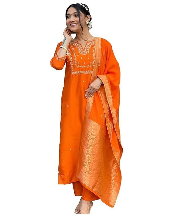 GoSriKi Women's Silk Blend Straight Embroidered Kurta with Pant & Dupatta Orange