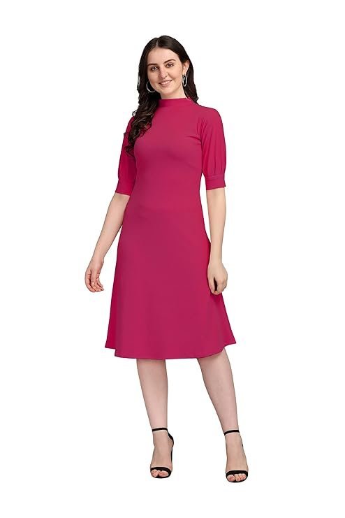 PURVAJA Women's Solid Half Sleeve Knee-Length Dress Pink