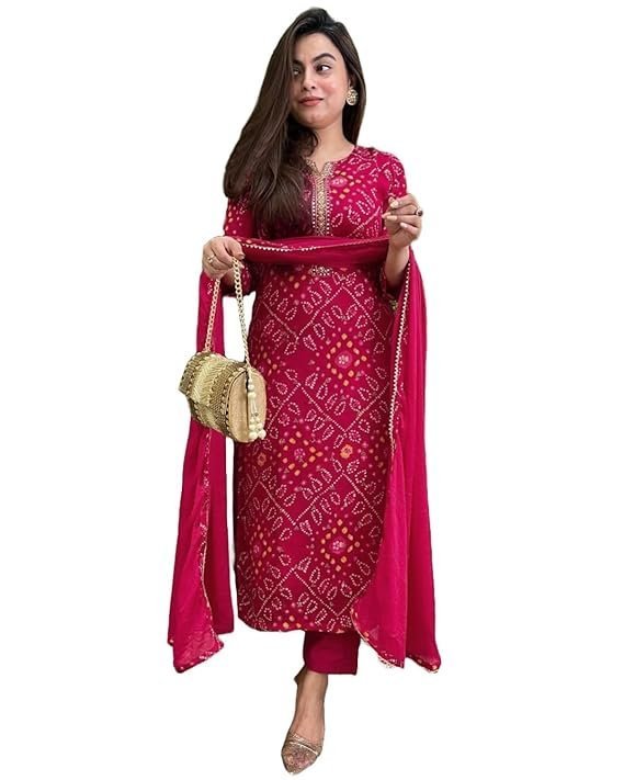 GoSriKi Women's Rayon Viscose Straight Bandhej Printed Kurta with Pant & Dupatta Pink
