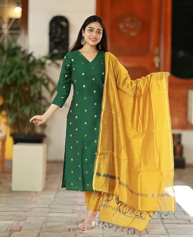 GoSriKi Women's 3 Piece Kurta Pant Dupatta Set | Silk Cotton Kurta Sets for Woman | Kurti Set for Woman | Elegant Suit Set for Women Cotton | Women Kurta Sets with Dupatta Cotton Green - Image 3