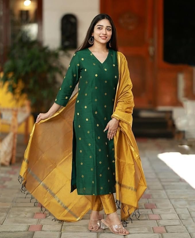 GoSriKi Women's 3 Piece Kurta Pant Dupatta Set | Silk Cotton Kurta Sets for Woman | Kurti Set for Woman | Elegant Suit Set for Women Cotton | Women Kurta Sets with Dupatta Cotton Green - Image 2
