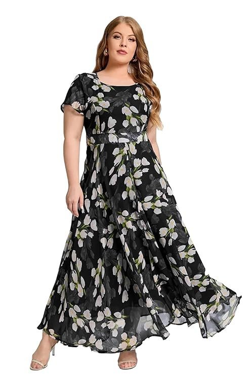 Shasmi Women's Navy Blue Georgette Digital Floral Printed Floral Printing Short Sleeve A-Line Maxi Gown Dress for Women (Gown Dress 248) Black