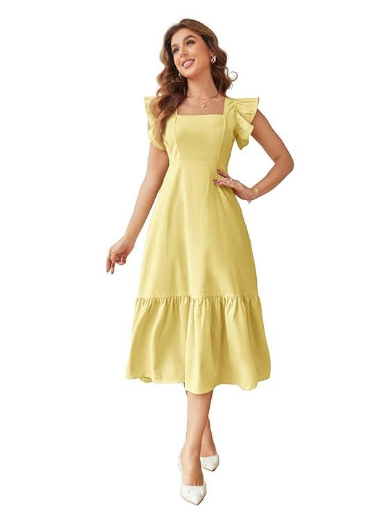 Shasmi Girl's & Women's Solid Color Square Neck, Ruffle-Trimmed Hem Sleeveless, Ruffle Armhole and Casual Dress with Cinched Waist Vacation Outfits Woman (Dress 162) Yellow