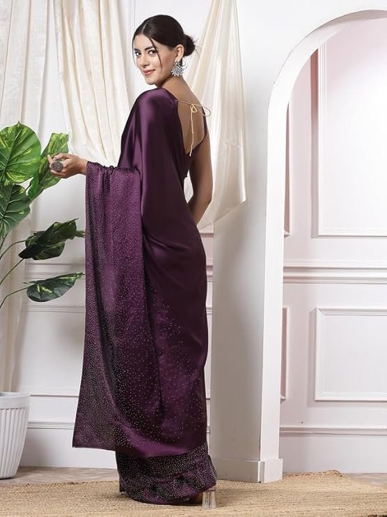Satrani Women's Satin Silk Hot Fixing Saree with Unstitched Blouse Piece Wine - Image 2