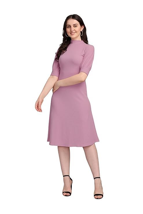 PURVAJA Women's Solid Half Sleeve Knee-Length Dress Light Violet
